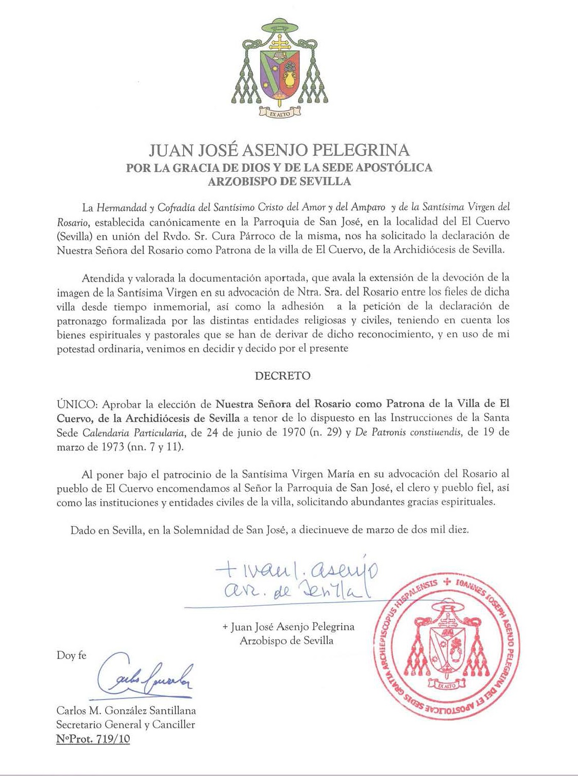 Decreto del Arzobispado de Sevilla para Aprobar la elección de Nuestra Señora la Virgen del Rosario como Patrona de la villa de El Cuervo